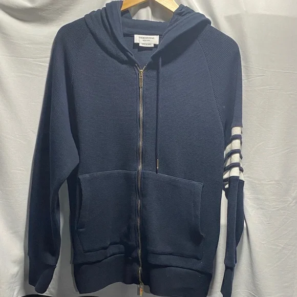 Thom Browne Dark Blue Hoodie with White Stripes - Picture 1 of 8